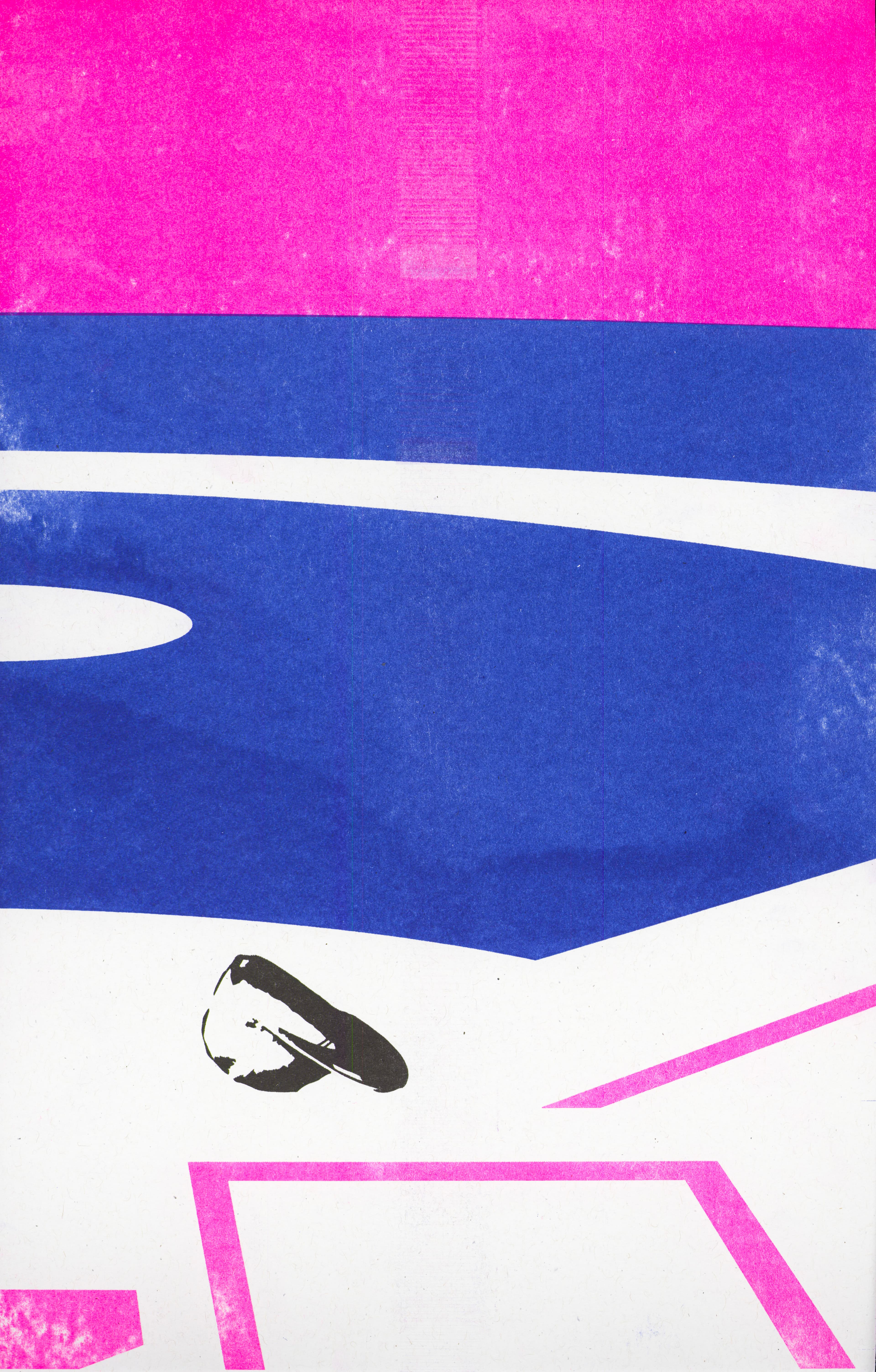 Blue and pink riso print of baseball field