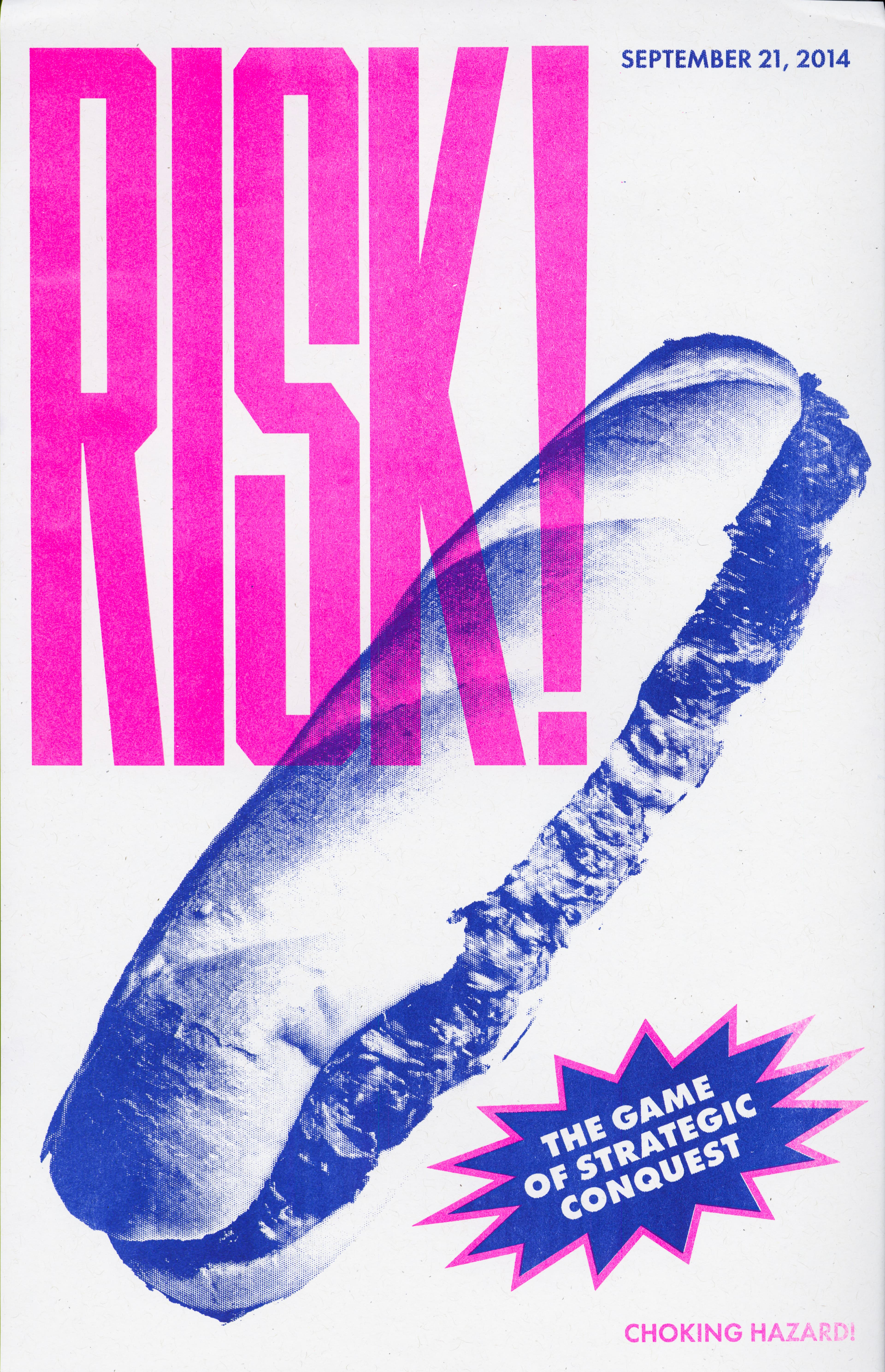 A white poster with "Risk" in big pink letters with a picture of a blue cheesesteak