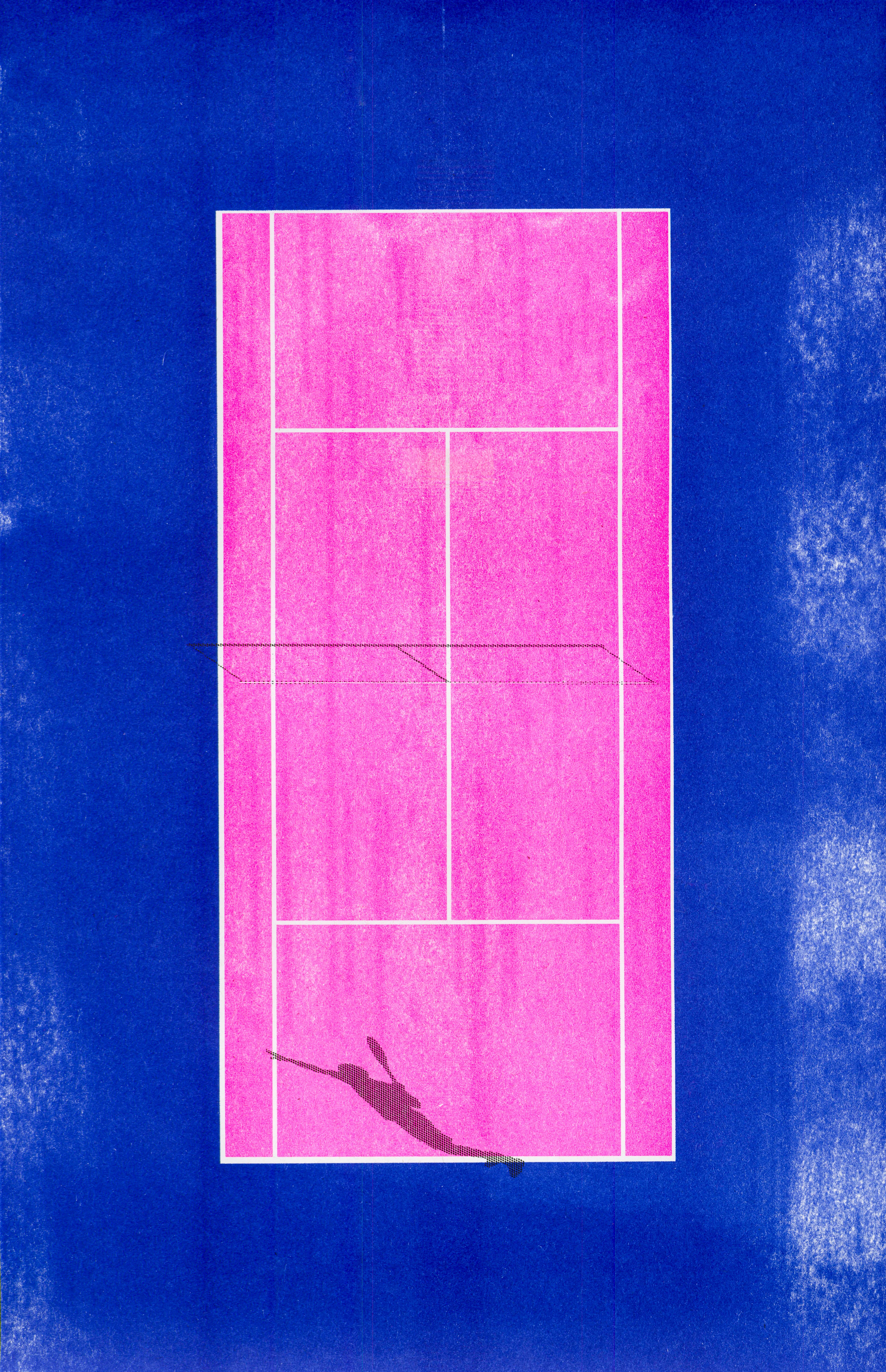 Blue and pink riso print of a birds eye view of a tennis court with shadow of players