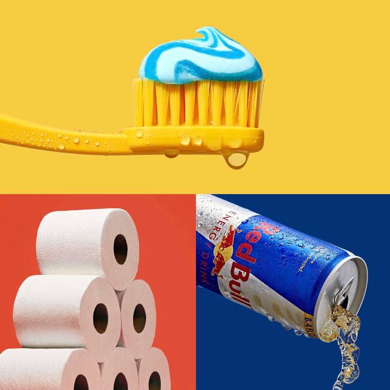 Collage of stacked rolls of toilet paper, iced coffee in a glass with a straw, and a green scrubbing sponge with foam in a human figure shape.